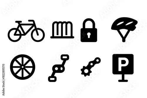 Bicycle Icons Grid. Bicycle Rack. Filled icon set of Bicycle Rack: bike, rack, lock, helmet, wheel, pedal,
