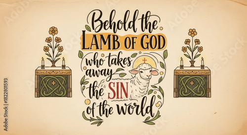 Behold the Lamb of God who takes away the sin of the world illustration. Christian religion concept for Easter and Epiphany.