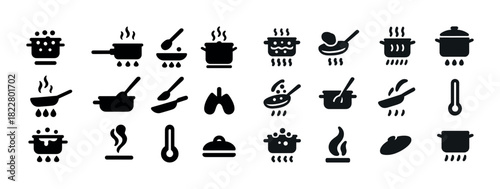 Cooking icons set: pots, pans, steam, temperature, utensils