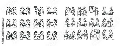 Vector icons of people engaging in various activities and interactions