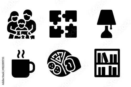 Cozy Game Night Icons. Cozy game night. Filled icon set of cozy game night: family assembling puzzle, puzzle