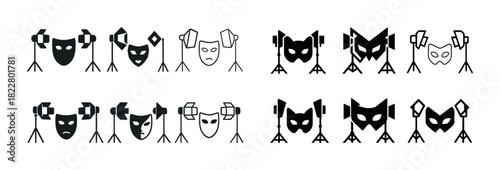 Theatrical masks with spotlight icons in black and white vector design