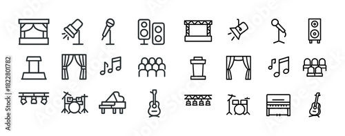 Music and performance icons set: instruments, stages, and sound equipment