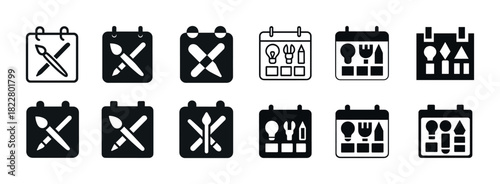 Icon set of creative and practical toolkits in calendar layout