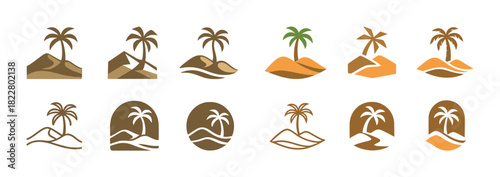Tropical island logo collection with palm trees on beaches and hills