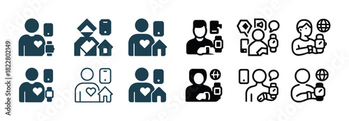 Smart home communication: icons of people with devices and house symbols