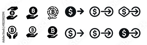 Black and white cryptocurrency icons: bitcoin and dollar exchange symbols