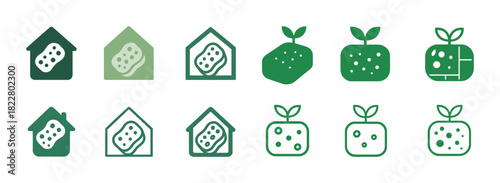 Set of twelve green and white home and plant icon designs