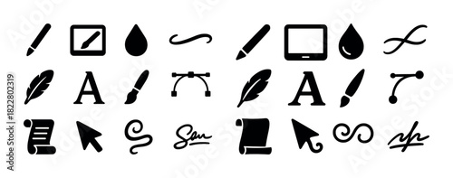Creative design tools: brushes, pens, tablets, and artistic elements icons