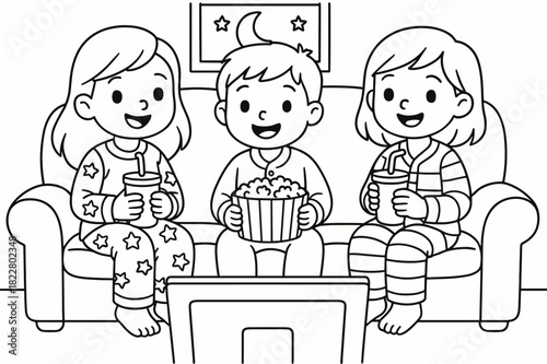 Movie Night Coloring. Evening movie fun children?s coloring book illustration, outlined drawing, kids in