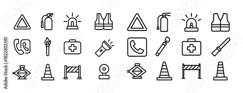 Emergency and safety equipment icons set for roadside assistance and fire safety