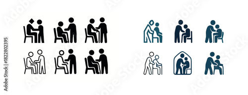 Icons of communication and counseling in various sit-down interactions