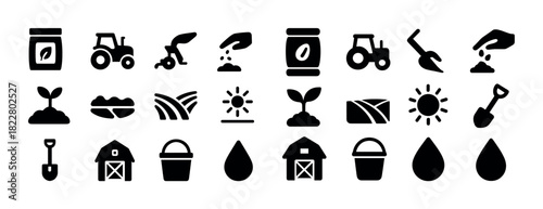 Silhouette farming icons set including tractor, seeds, barn, and tools