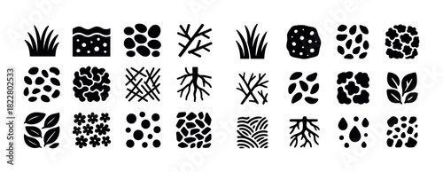 Collection of simple black nature icons including leaves, branches, and patterns
