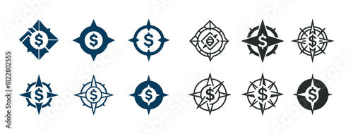 Set of dollar sign compass icons in various geometric styles