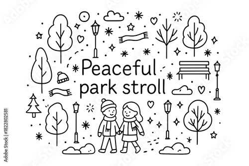 Peaceful Park Stroll. Peaceful park stroll. Hand-drawn doodle illustration of Peaceful park stroll. couple,