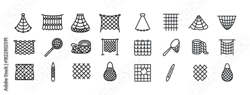 Collection of various fishing nets and textures in a line art style