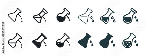 Set of laboratory flask icons with liquid drops in various styles