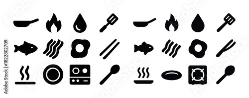Cooking icons collection: kitchen tools and food symbols in black silhouette
