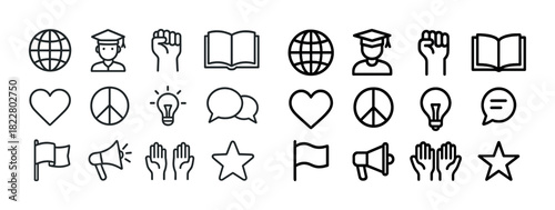 Collection of diverse outline icons including globe, graduate, book, and symbols