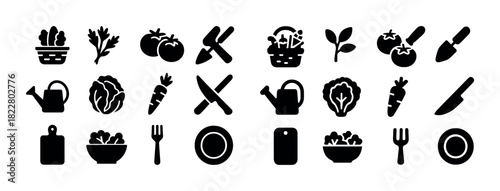 Garden and kitchen icons: tools, vegetables, utensils in monochrome design