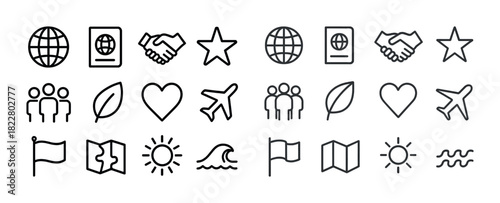 Minimalist icon set featuring travel, nature, and social symbols
