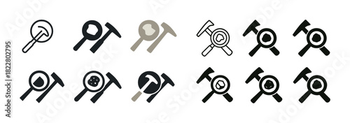 Set of geology icons featuring magnifying glass and rock hammer designs