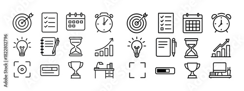Line icons of target, checklist, calendar, clock, lightbulb, hourglass, trophy, desk, computer