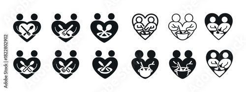 Set of heart-shaped cooking icons with people stirring pots and food