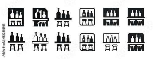 Collection of black and white bar shelf icons with bottles and stools