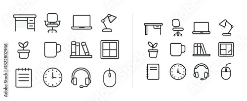 Minimalist office icons set: desk, chair, laptop, lamp, plant, mug, books, window, notepad, clock, headphones, mouse