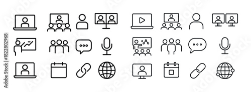Video conference icons set: communication, meetings, technology, online interaction