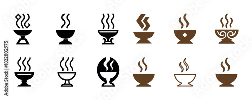 Diverse icon set of stylized bowls with steam in black and brown tones