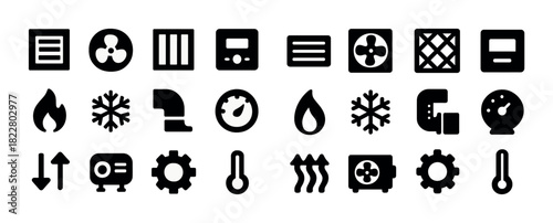 Hvac system icons: temperature, airflow, heating, cooling, ventilation symbols