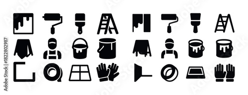 Monochrome painting tools: rollers, brushes, ladders, paint cans, gloves, and scrapers icons