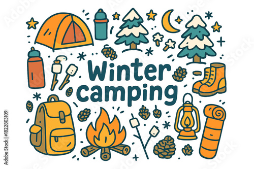 Winter Camping Doodle. Winter camping. Hand-drawn doodle illustration of winter camping. Tent, campfire,