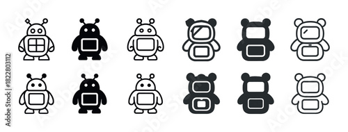 Row of cute robot icons with antennas and bear shapes in black and white