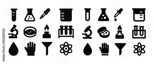 Science icons collection: laboratory equipment and symbols in black