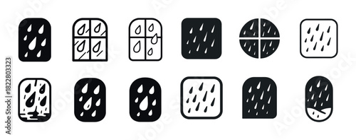 Collection of raindrop icon designs on various window shapes