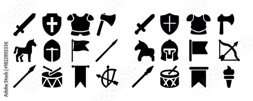 Medieval icons: shields, swords, banners, and drums in silhouette