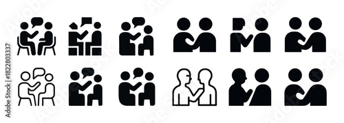 Set of business communication icons illustrating meetings, discussions, and conversations