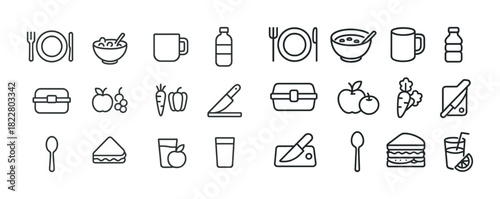 Set of 24 linear food and drink icons: cutlery, beverage containers, fruits, and vegetables
