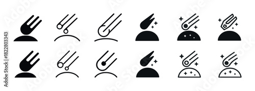 Meteor icons set: impact, space, fireball illustrations