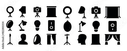 Photography and filmmaking equipment icons including camera, lamp, light bulb