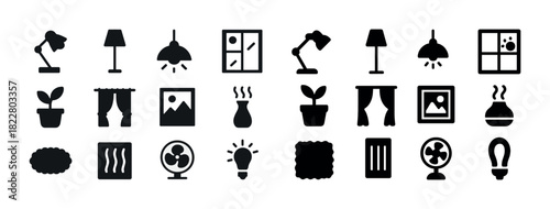 Home decor and lighting icons set featuring lamps and plants