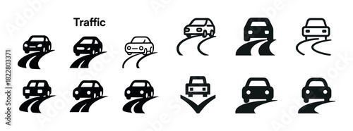 Set of car traffic icons illustrating various vehicle movements