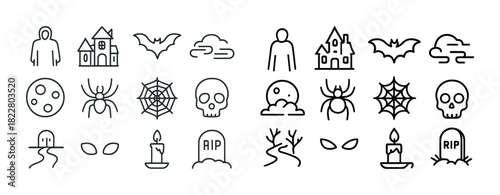 Halloween icon set with haunted house, spider, skull, and bat designs