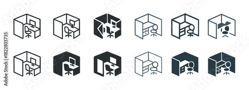 Minimalist workspace icons displaying various office desk configurations