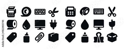Office supply icons: scissors, tape, computer, keyboard, glue, plug, droplet, tag, paperclip, box
