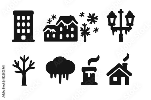 Urban Frost Icons. Urban frost. Filled icon set of urban frost: buildings, rooftops with snow, icicles hanging